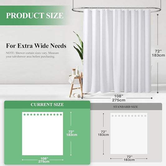 Extra Wide Waffle Shower Curtain 256 GSM Fabric 108x72 White | 108 Inch Wide, Thick Cloth, Weighted Hem, Water Repellent, Hotel Luxury Polyester Shower Curtain Set for Bathroom 18 Hooks