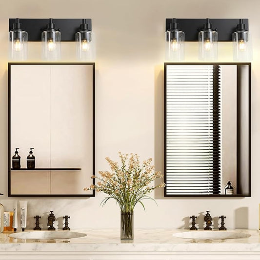 LOUSACE 3 Light Bathroom Vanity Light, Matte Black Bathroom Light Fixtures Over Mirror, Modern Bathroom Lighting with Clear Glass Shade, Black Farmhouse Wall Sconces Lighting Fixture for Bedroom