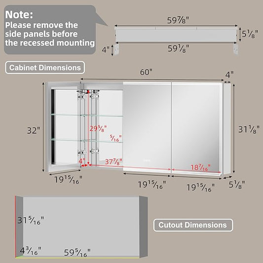 Buruis 60'' x 32'' Medicine Cabinet with Lights and Mirrors, Recessed or Wall Mounted Modern Bathroom Cabinet with 3-Mode Light, Anti-Fog, Dimmable, Memory Function, Outlet, Silver