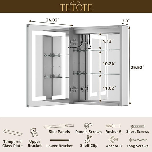 TETOTE 24 x 30 LED Lighted Medicine Cabinet with Lights & Outlets & USB, Recessed or Surface Mount Medicine Cabinet Mirror for Bathroom with Storage, Tempered Glass, 3-Color Dimming, Adjustable Shelf