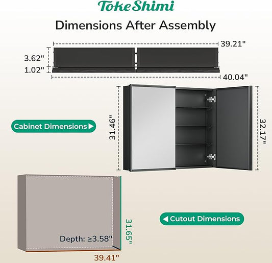40 x 32 Black Recessed Medicine Cabinet with Mirror, Assembly Required, Bathroom Mirror Cabinet, Steplessly Adjustable Shelves, Beveled Aluminum Frame, Tempered Glass