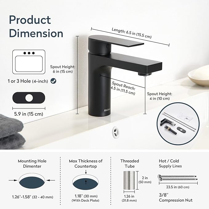 Matte Black Single Hole Bathroom Faucet, 1 Handle Bathroom Vanity Sink Faucet with Metal Pop-Up Drain & PEX Supply Lines & Deck Plate for 1 or 3 Hole, Black
