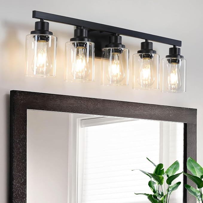 5-Light Black Bathroom Vanity Light, Modern Vanity Lighting Fixture for Bathroom, 31" Matte Light Fixture, Wall Sconces with Clear Glass Shade, Black Bathroom Wall Light Over Mirror