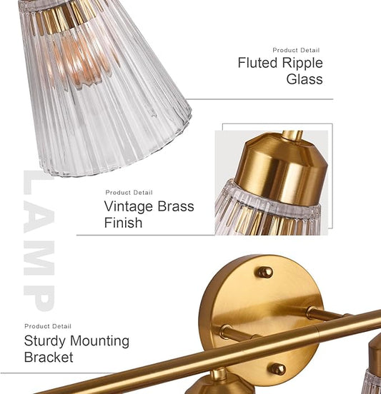 4-Light Bathroom Vanity Light, Brushed Gold Bathroom Light Fixtures Over Mirror with Stripe Glass, Modern Wall Lamp, Wall Sconces Lighting for Living Room Bedroom Kitchen Hallway
