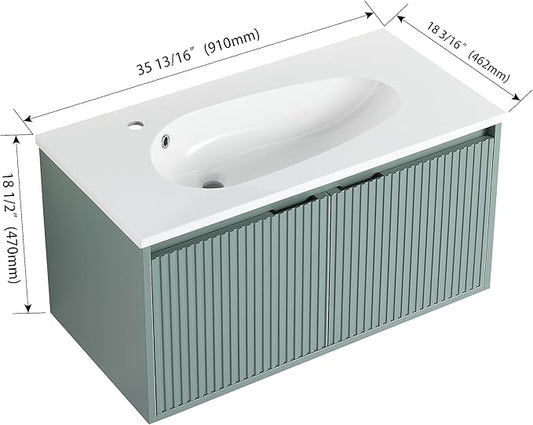 Malwee 36 Inch Floating Bathroom Vanity with Sink, 36'' Single Sink Wall Mounted Bathroom Vanity, with 2 Doors and White Waterdrop Gel Coat Basin (058-36 * 18, GGE)