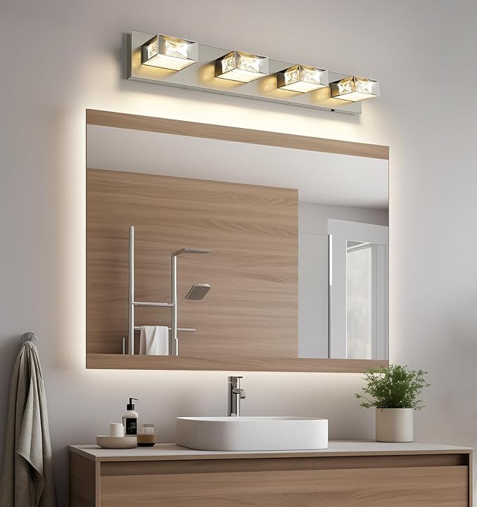 Joossnwell Brushed Nickel Bathroom Lights Fixtures Over Mirror (4-Light, 28-Inch) Crystal Vanity Light 5CCT Dimmable Modern Led Bathroom Lighting with 350°Rotatable Head