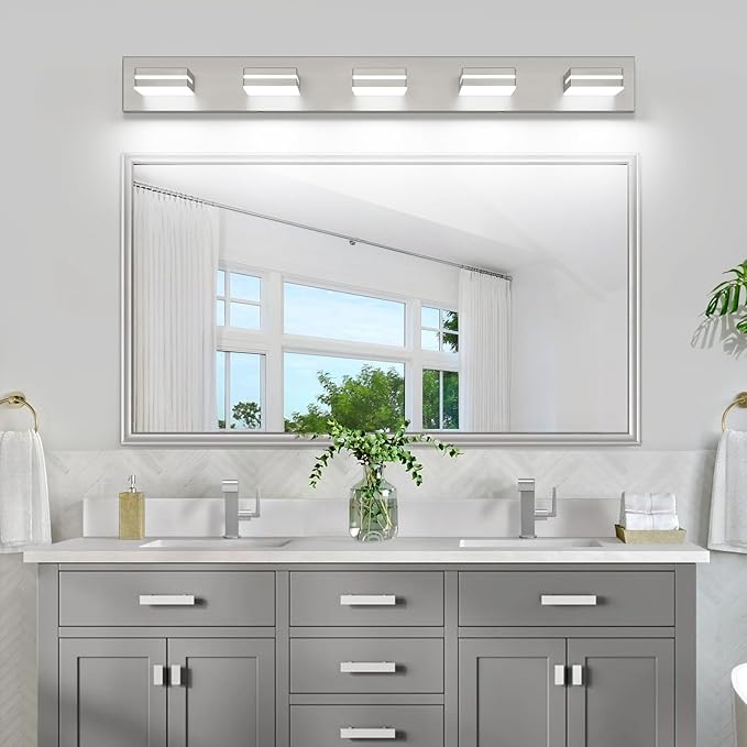 SineRise LED Modern Bathroom Vanity Light Fixtures, Modern Acrylic Bathroom Wall Lighting Fixtures Over Mirror, 5-Light, 40-Inch, Nickel, White