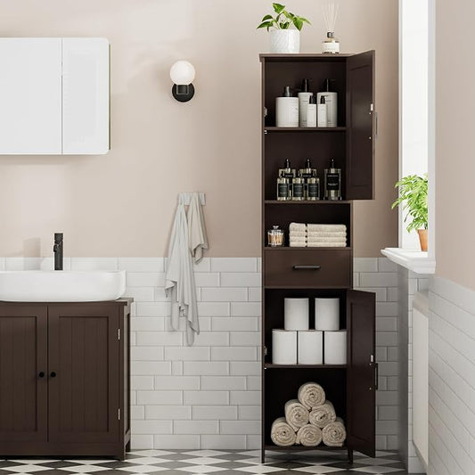 Homhedy 67" H Tall Bathroom Storage Cabinet with Barn Doors and Drawer | Narrow Storage Unit with Adjustable Shelves, Floor Cabinet for Bathroom, Living Room, Entryway or Kitchen, Brown, 15.7" W
