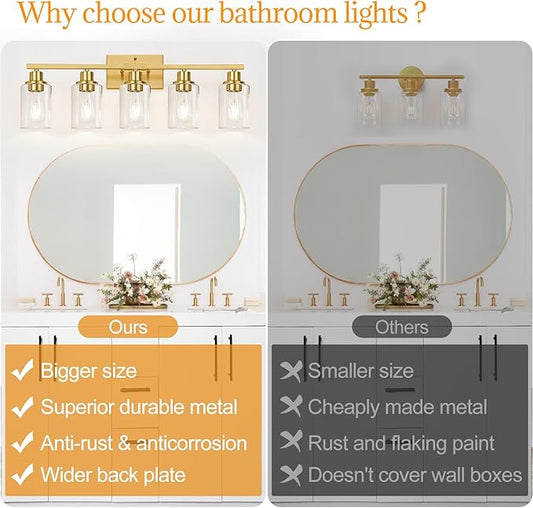 Indoi 5-Light Bathroom Light Fixtures, Brushed Gold Modern Vanity Lights with Clear Glass Shades, Bathroom Wall Lamp for Mirror Living Room Cabinet Bedroom Porch