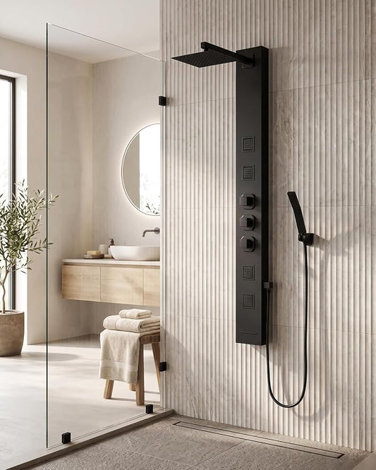 Shower Panel Tower System,Stainless Steel Bathroom Stand Up Shower Kit | Wall-Mount Shower Panels,Rainfall Shower Head,4 Massage Body Jets,Tub Spout and Handheld Shower,Matte Black by Homevacious