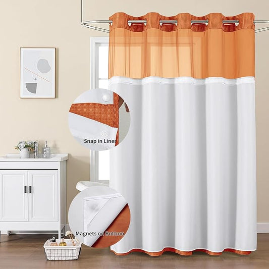 Colorful Star Burnt Orange No Hook Waffle Shower Curtain Set, 72 x 75 Inch | Waterproof Shower Curtain with Snap in Fabric Liner and Mesh Top Window, Hotel Style Heavy Duty Thick Bathroom Curtain