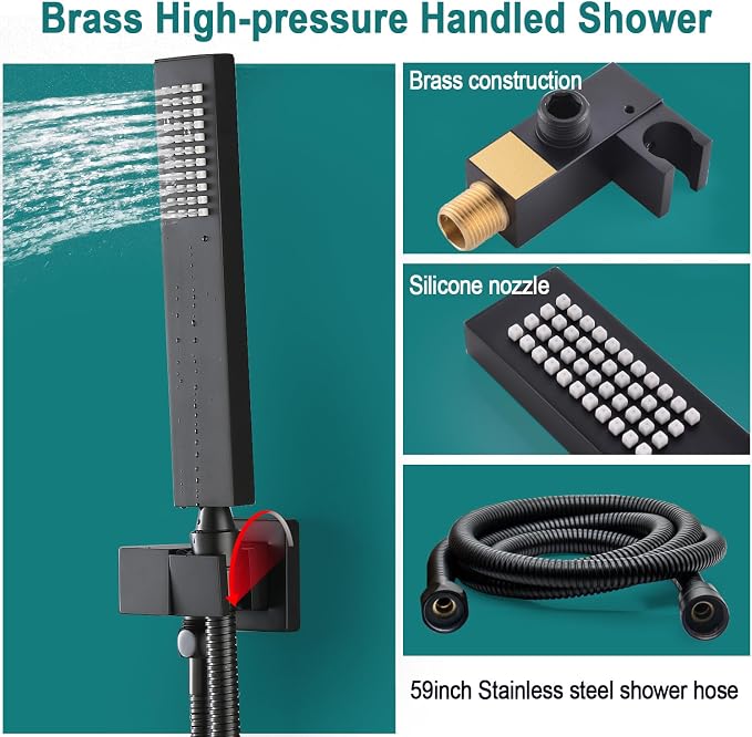 HOMEDEC LED Multi Functions Full Body Shower System with 6pcs Body Jets Spray with(Up/Down )Shower Spout, Large 3 In 1 Functions 14x20inch Showerhead, Rainfall Mist Shower Faucet Set Complete, Black