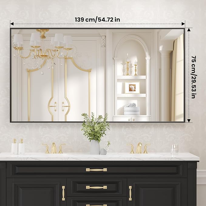 LOAAO Black Bathroom Mirror 55"X30" | Tempered Glass, Hangs Vertically or Horizontally, Easy to Install, Modern Design