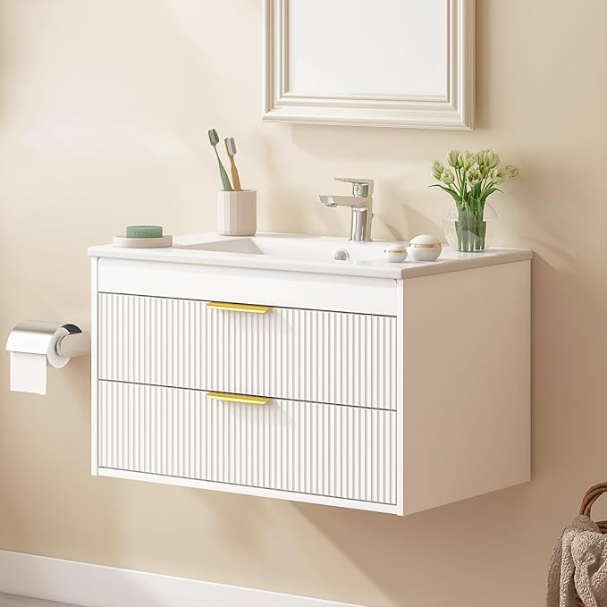 30" Bathroom Vanity Cabinet with Ceramic Sink, Wall-Mounted Floating Vanity, Integrated Sink, 2 Large Storage Drawers, with Sensor LED Light, Metal Handles, for Small Bathroom, Home, Spa, Hotel, White