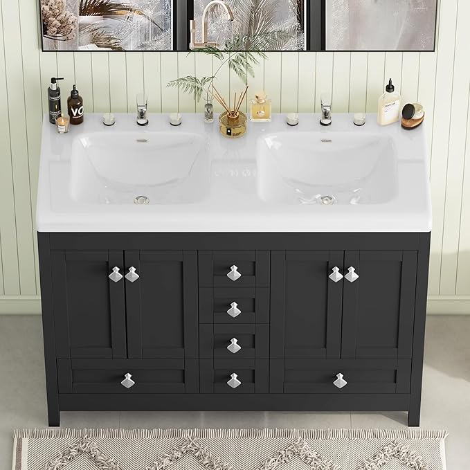 48" Bathroom Vanities with Sink Combo, Modern Double Bathroom Vanity with 4 Doors & 5 Drawers, Freestanding White Bathroom Cabinet with Double Ceramic Sink, Black