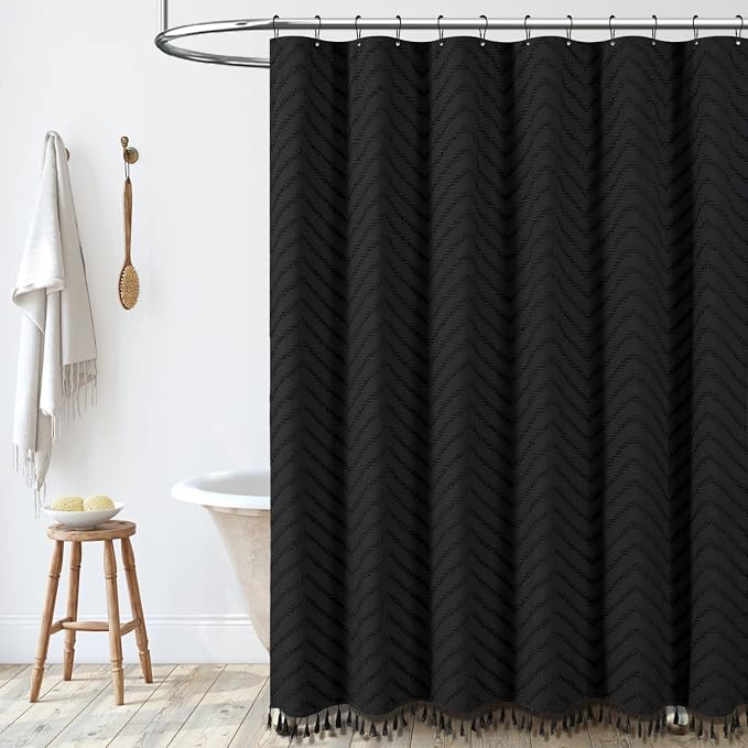 Stall Boho Farmhouse Shower Curtain Tufted Chevron 48"x64" Black | 48"W x 64"L, Elegant Tassel, Lightweight Textured Fabric, Water Repellent, Washable, for Narrow Bathroom/Dorm 8 Hooks