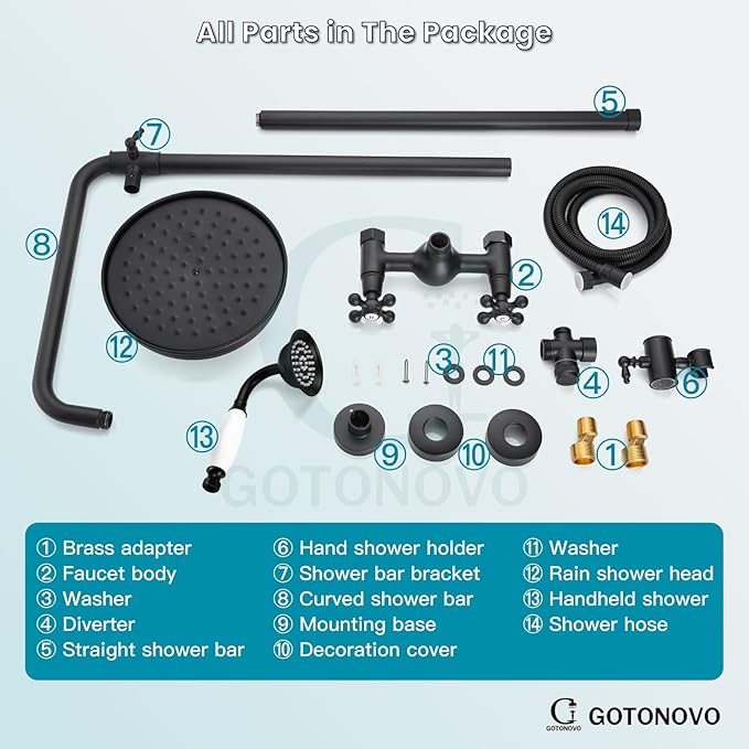 gotonovo Luxury Exposed Shower Faucet Set Bathroom Shower System 8 Inch Wall Mount Rainfall Shower Head with Handheld Spray Cross Double Handle Shower Fixture Adjustable Straight Rod Matte Black