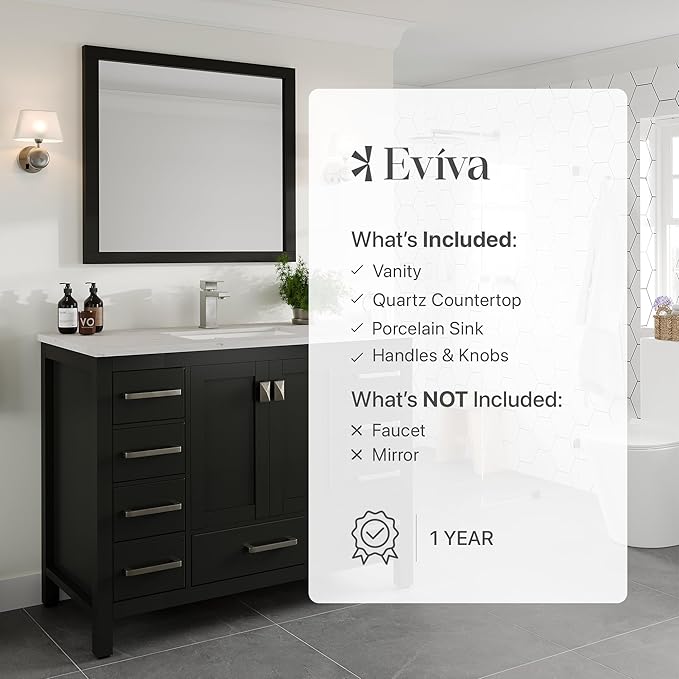 Eviva London 42 Inch Vanity with Top – 42 Bathroom Vanity with Sink and Countertop, Espresso 42 in Bathroom Sink Cabinet with Quartz Countertop and Porcelain Single Sink for Modern Vanity Bathroom
