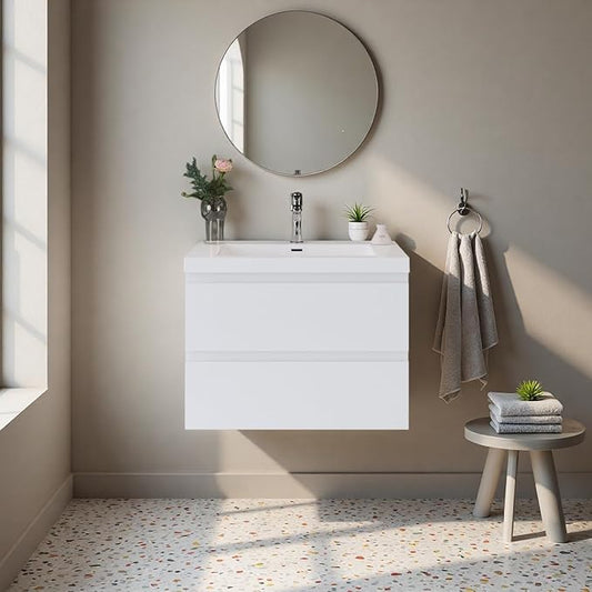 Bathroom Vanity with Sink, 30" Wall-Mounted Bathroom Storage Cabinet with Resin Basin & 2 Soft-Close Drawers, Modern Stylish Floating Vanity with Open Back Design, Easy to Clean, White