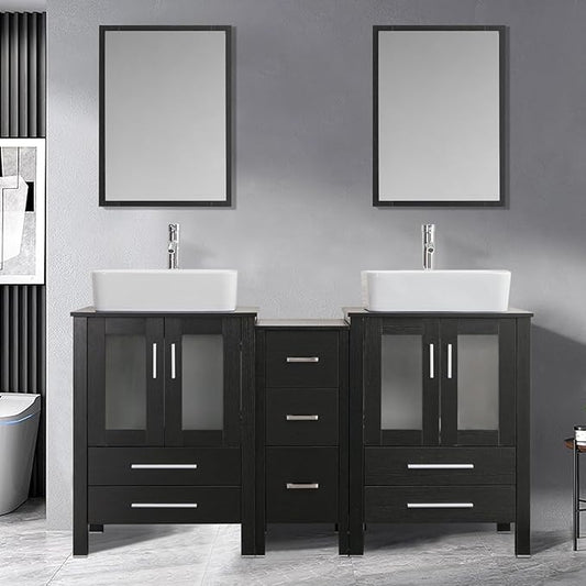 UEV 60" Black Bathroom Vanity Set,Double Vanity with Double Vessel Sink Combo and Removable Side Cabinet,Mirror Not Included (T03)