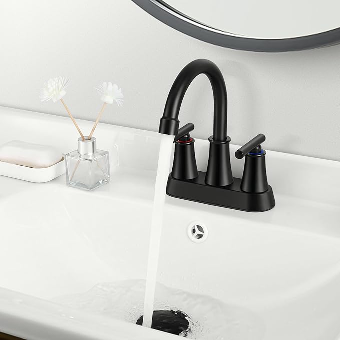 Herogo Matte Black Bathroom Sink Faucet for 3 Holes, 4 Inch Centerset Bathroom Faucet 2-Handle with Pop-Up Drain & Supply Hoses, 18/10 Stainless Steel, for RV Vanity Lavatory