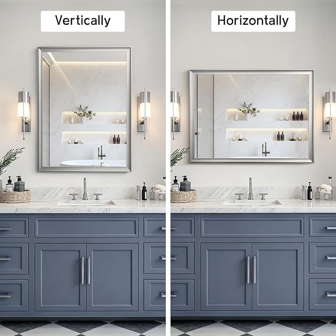 Brushed Nickel Bathroom Mirrors for Over Sink 30x40 Inch | Silver Rectangle Vanity Mirror, Wall Decor for Bedroom, Entryway, Living Room, Aluminum Framed, Curved Wide Edge, Anti-Rust