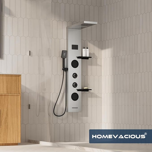 Homevacious 4 In 1 Shower Panel System with Shelf Brushed Nickel | LED Rain Shower Head Adjustable Massage Body Jets 3 Functions Handheld Head Tub Spout Stainless Steel