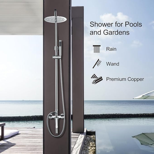 Outdoor Shower Fixtures - Total Complete Shower Kit, Chrome Finish with SS304 Handheld High Pressure Shower Head, 3-Functions