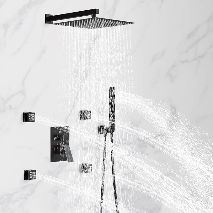 RUMOSE Rainfall Shower System with 4 Full Body Jet 4 Mode Shower Faucet Set | 12 Inch Rain Shower Head, 2 in 1 Handheld Spray, Oil Rubbed Bronze Brass Shower Jet Shower Fixtures, Wall Mounted