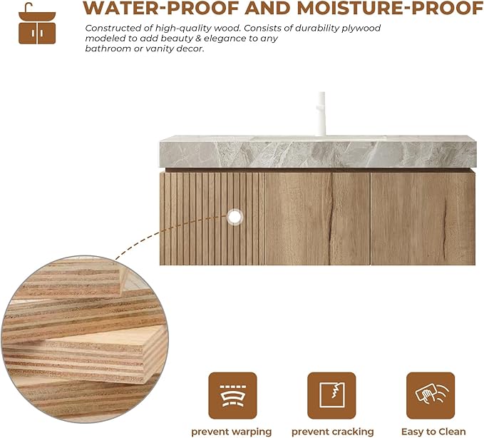 LKTART Floating 48 Inch Bathroom Vanity with Sink, Modern Plywood Wall Mounted Bathroom Storage Cabinet with 2 Doors and 1 Drawer, Roma Travertine-Pattern Sintered Stone Countertop and Ceramic Basins