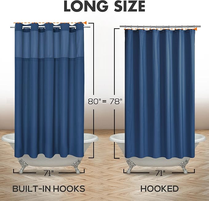 River Dream No Hook Long Shower Curtain with Snap-in Liner 71x80, Navy | Snap on/off Waterproof PEVA Liner, See Through Top Window, Slub Textured, Hotel Style Shower Curtain Set, 71W x 80H