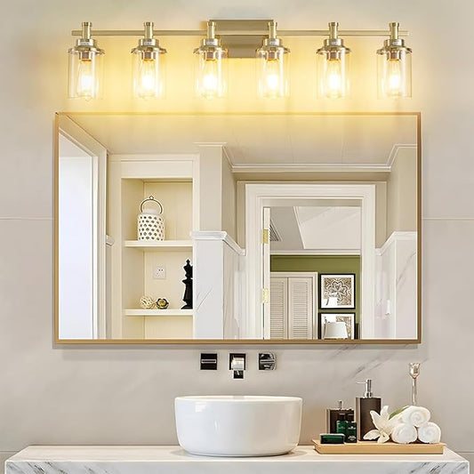 Brushed Brass Vanity Light, 6-Light Fixtures with Clear Glass Shades, Over Mirror, for Bathroom, Living Room, Hallway