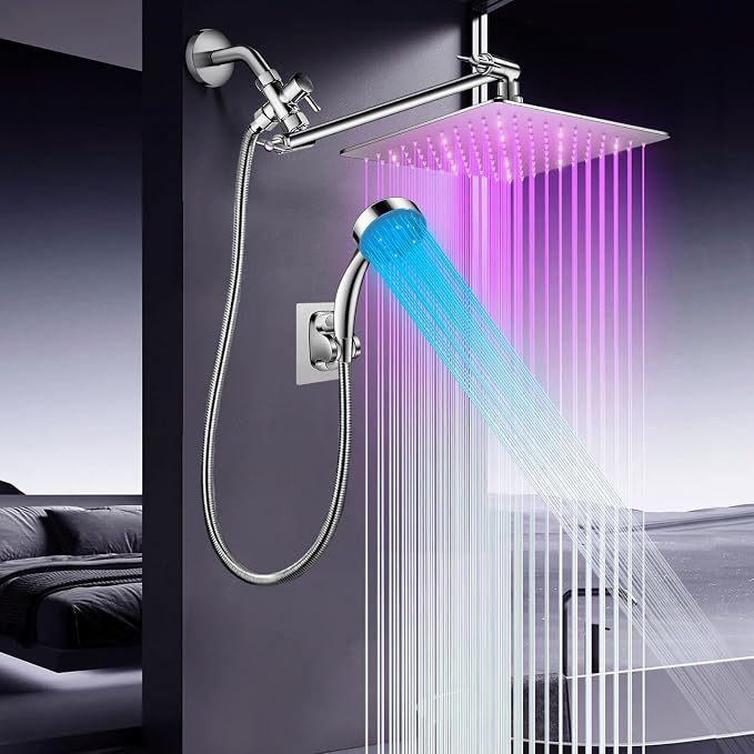 LED Shower Head with High Pressure 10” Rain Shower Head, 11” Extension Arm | Color Changing Based On Water Temperature Handheld showerhead, Stainless Steel, 60" Hose, Chrome