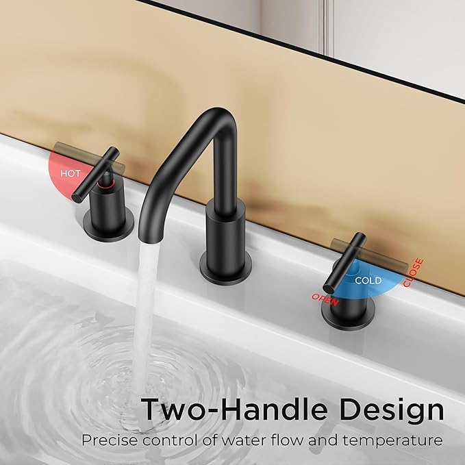 FORIOUS Matte Black Bathroom Faucet 3 Hole Widespread, 8 Inch Bathroom Sink Faucets Two-Handle with Pop Up Drain and Water Supplies for Vanity Restroom RV Lavatory Sink