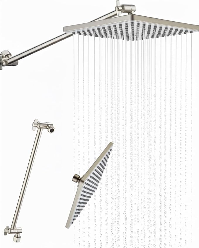 Rain Shower Head, 8'' High Pressure Rainfall Square Showerhead with 15'' Shower Head Extension Arm, 304 Stainless Steel Adjustable Shower Arm Extender, Waterfall Fixed Showerheads, Brushed Nickel