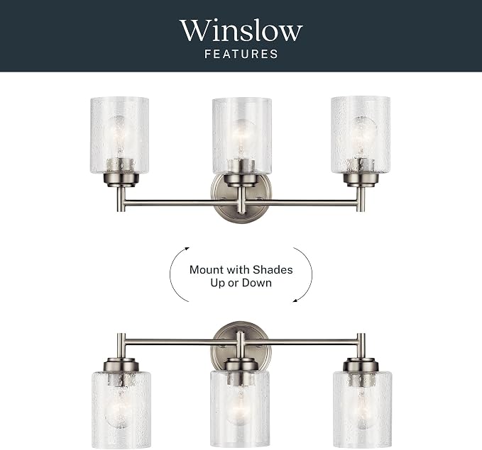 Kichler Winslow 3-Light Bathroom Vanity Light, Brushed Nickel | Clear seeded glass vanity light for bathroom mirrors (21.5" x 9.25" x 12"), 45886NI