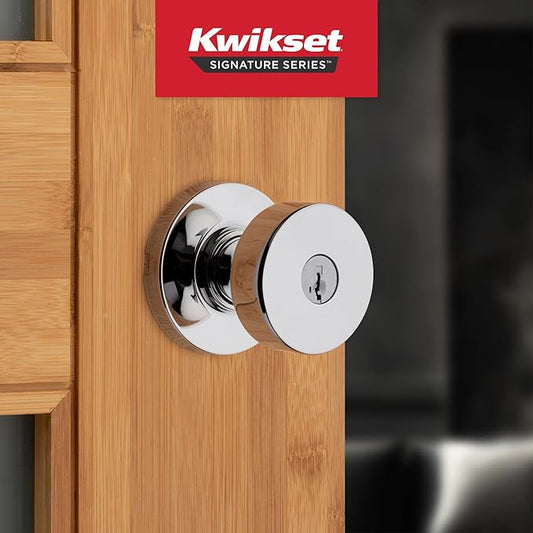 Kwikset Pismo Entry Door Knob with Lock and Key, Secure Keyed Handle Exterior Doorknob, Front Entrance and Bedroom, Polished Chrome, Pick Resistant SmartKey Rekey Security