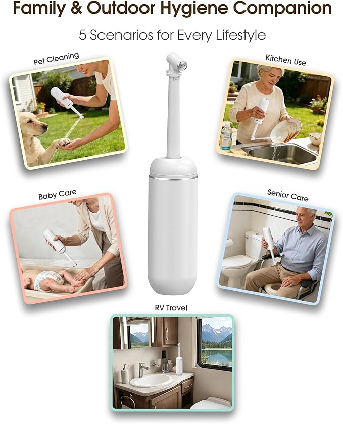 Portable Bidet for Travel & Camping - Manual Squeeze Peri Bottle Handheld | 3 Leak-Proof Seals | BPA-Free | Feminine Hygiene Care Postpartum | Extendable Sprayer with Nozzle for Men&Women-White