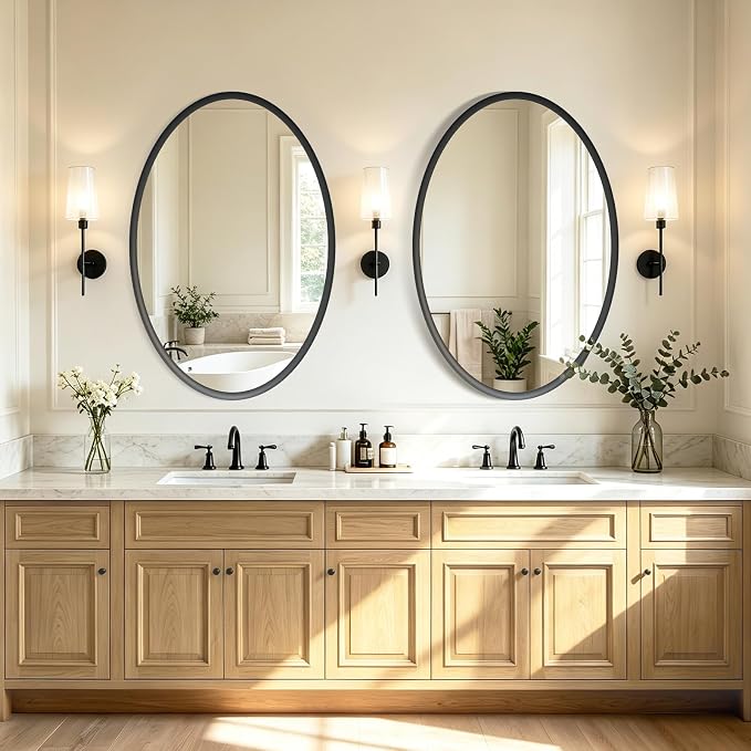 Black Oval Bathroom Mirror 24x36 Inch | Vanity Wall Mirror, Crystal-Clear HD Glass, Rust-Proof Aluminum Frame, Inner-Curved Decor for Bedroom, Entryway Renovation