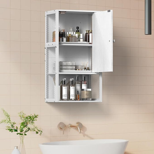 Small Medicine Cabinet, White Bathroom Cabinet Wall Mounted, 3-Tier Bathroom Wall Cabinet, Wood Wall Mounted Hanging Cabinet for Small Spaces, Living Room, Laundry, Kitchen