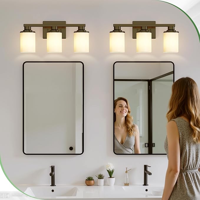 17 Inch 3-Light Black Bathroom Vanity Light with Milk Glass | Modern Vanity Mirror Light Fixture, Milk Glass Shade Vanity Light Fixture, Wall Mount Lighting for Bedroom Living Room