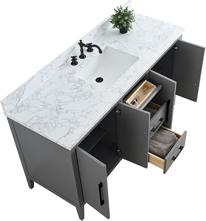 HOMEBEYOND 60 Inch Bathroom Vanity with Sink & Ceramic Top, Single Vanity Cabinet with Basin, Soft-Closing Doors & Matte Black Hardware, Grey