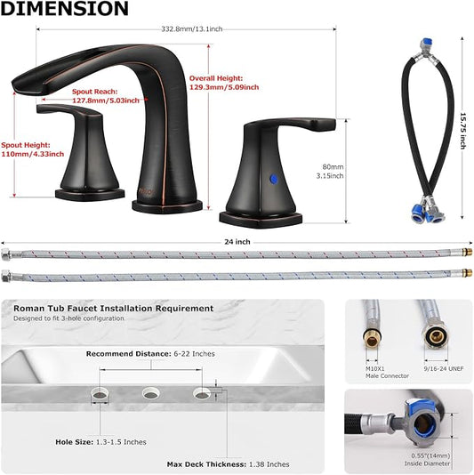 Waterfall 2 Handle Widespread Roman Tub Faucet Oil Rubbed Bronze | 3 Hole Deck Mount Bathtub Filler with Valve & Supply Lines