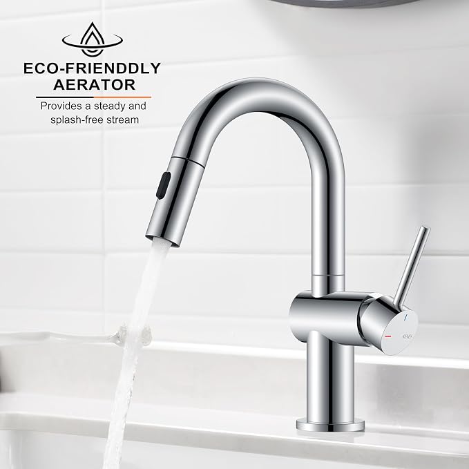 Chrome Single Handle 1 Hole Bathroom Faucet with Pull Down Sprayer | Bathroom Sink Faucet with Pop Up Drain & 6 Inch Deck Plate, Lead-Free cUPC & NSF Certified, 1 Hole Faucet for Vanity RV Bar