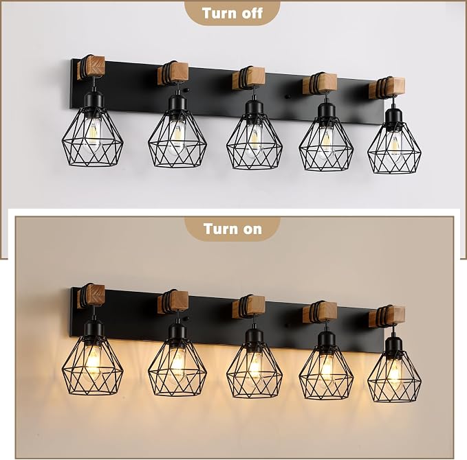 maesta 5 Light Bathroom Vanity Light, Farmhouse Black Fixture Over Mirror | Farmhouse Bathroom Light Fixtures, Wood & Metal, Anti-Rust, Easy to Install for Rustic Bathroom Hallway