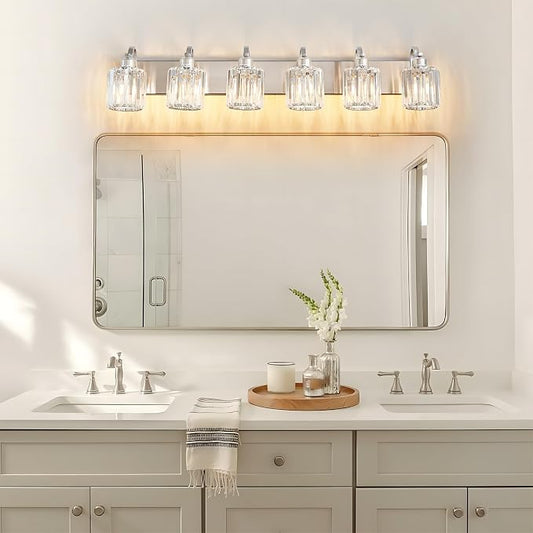 Crystal Bathroom Lighting Fixtures Over Mirror, 6 Light Brushed Nickel Vanity Light, Modern Bath Wall Sconce Lighting for Bedroom Living Room (Exclude Bulb)