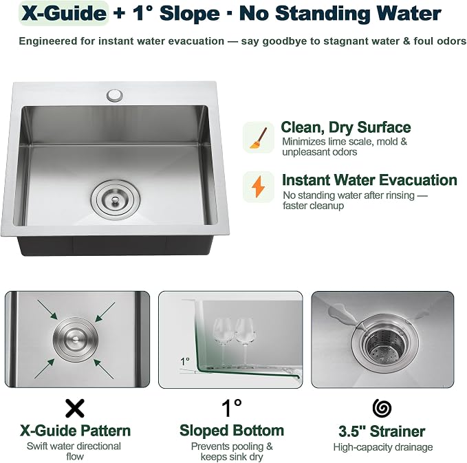 19 x 17 inch Bar Sink, Drop-in Tight Radius Brushed Stainless Steel Topmount Kitchen Sink Single Bowl