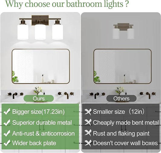 3-Light Bathroom Light Fixtures, Vanity Light with Milky White Shades, Oil-Rubbed Bronze Bathroom Light Fixtures Over Mirror, Modern Bathroom Wall Lamp for Mirror Living Room Cabinet Bedroom