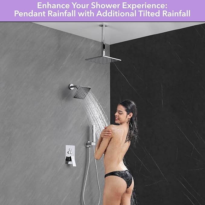 VANFOXLE Shower Faucet Set Chrome Shower System, Push Button Diverter | 10 Inch Ceiling Mount Rain Head, 6 Inch Wall Mount Head, 2-in-1 Handheld Sprayer, Solid Brass Valve, Rust Resistant