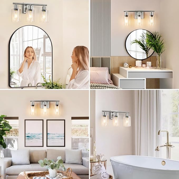 Battery Operated Wall Sconce, 3-Light Dimmable Rechargeable Vanity Light Fixture with Remote & Bulbs, 3-Light Silver Wireless Indoor Non-Hardwired Wall Lamp for Bedroom, Living Room, Cabinet, Porch